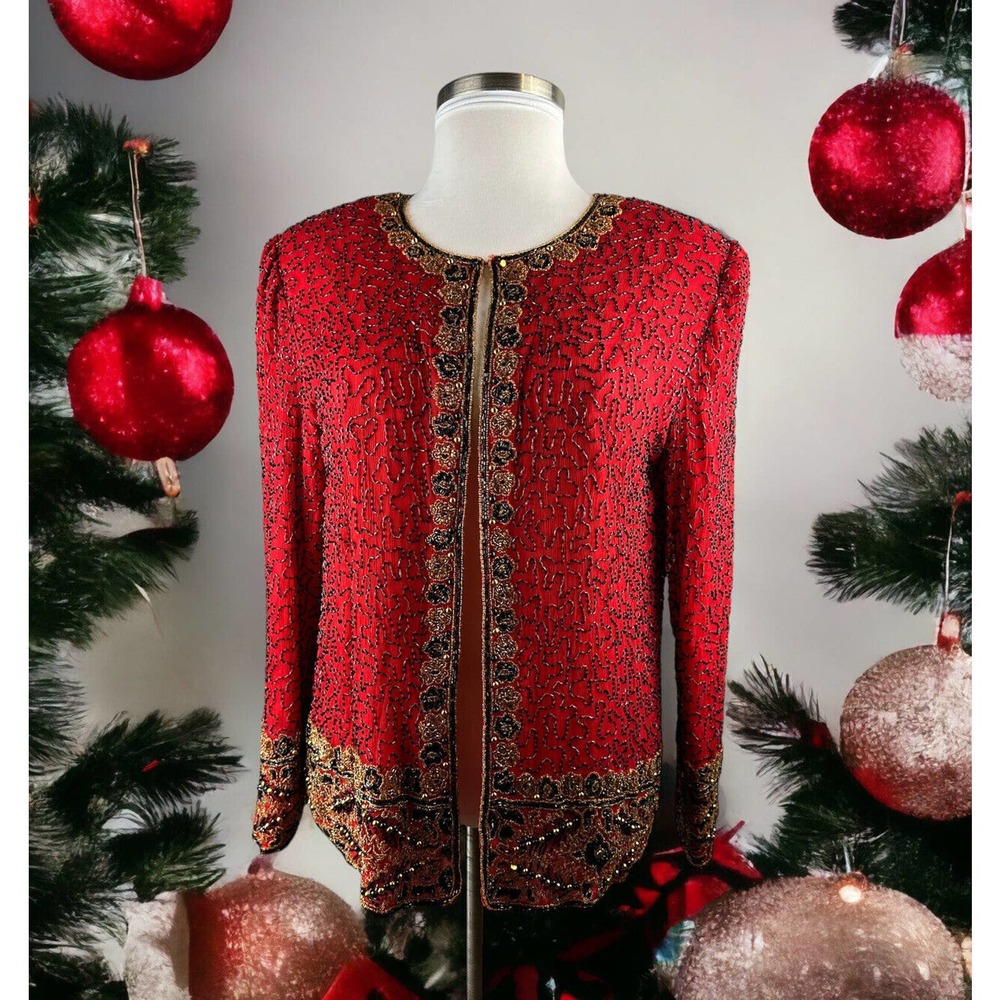 *Flawed* Vintage Laurence Kazar Silk Beaded Embellished Jacket Red Plus Size 2X - Picture 16 of 16